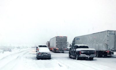 Photo of traffic stuck in snow in the Cajon Pass
