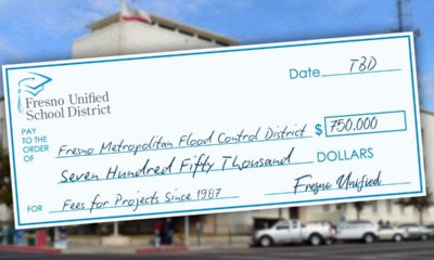 Montage of Fresno Unified building and a check from the district for $750,000 to pay for past due flood control fees